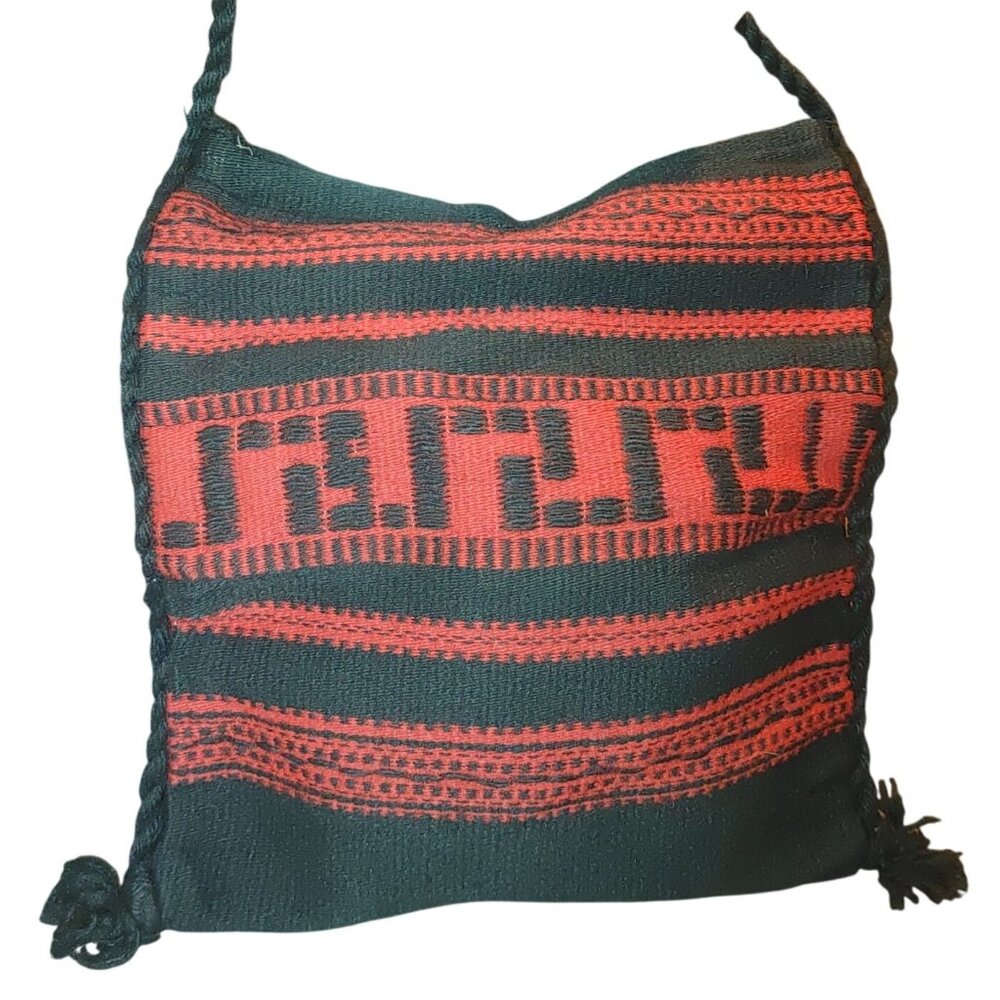 Vintage Greek Woven Shoulder Bag Red Black Patterned Greece Rayon Cotton Blend